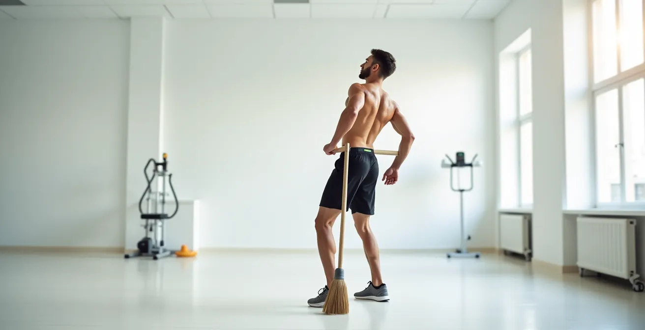 Person performing hip hinge stability test with broomstick along spine