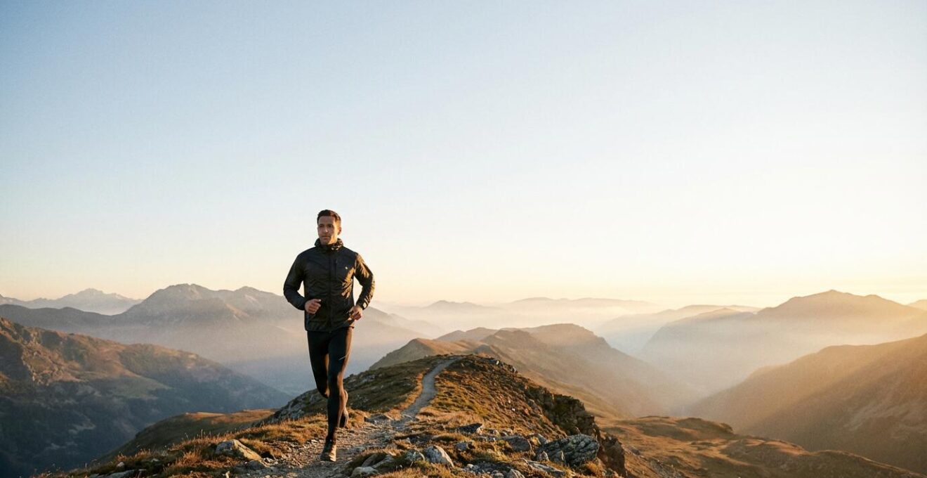 A professional person in athletic wear jogging on a mountain trail during golden hour, showcasing the transition from work stress to active recovery