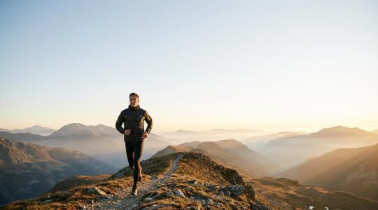 A professional person in athletic wear jogging on a mountain trail during golden hour, showcasing the transition from work stress to active recovery