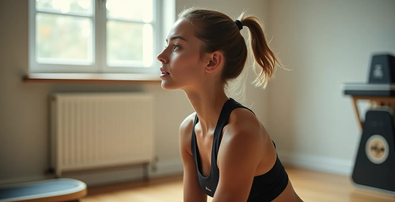 Surfer maintaining horizon focus while balancing on training board