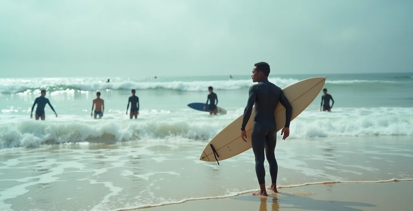 A surfer watching other surfers in the water from a beach vantage point.