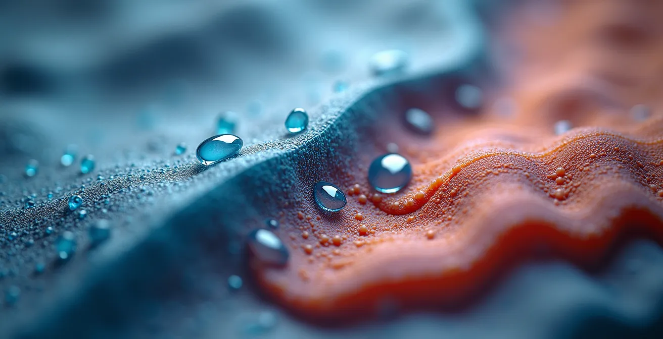 Extreme close-up of waterproof-breathable membrane structure showing real technology