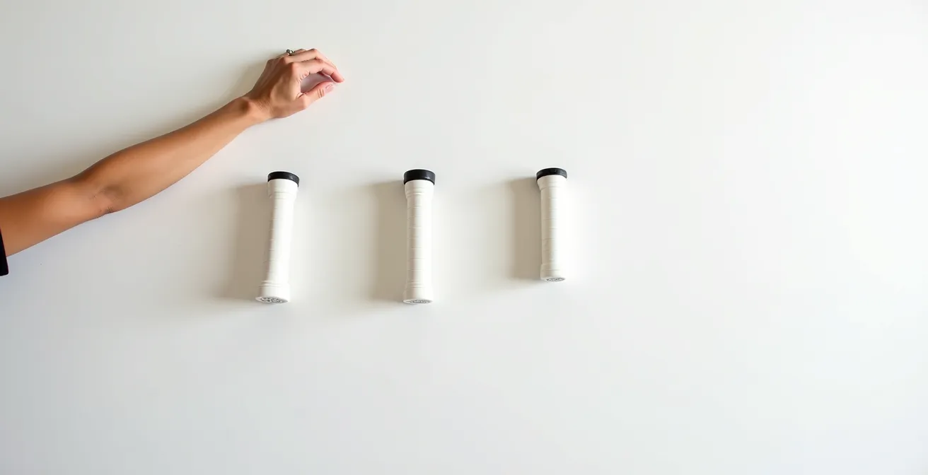 Multiple tennis grips arranged showing different sizes with color-coded pressure zones on player's forearm