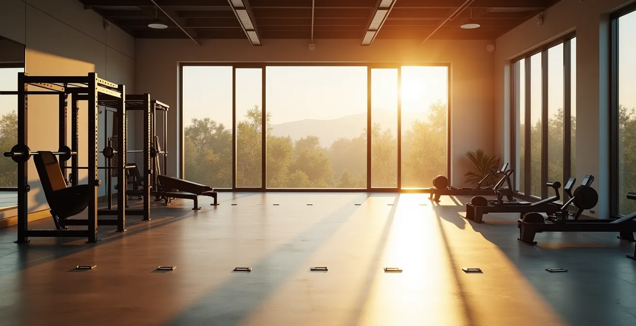 Wide shot of empty gym showing three distinct exercise stations for strength, endurance, and cardio testing