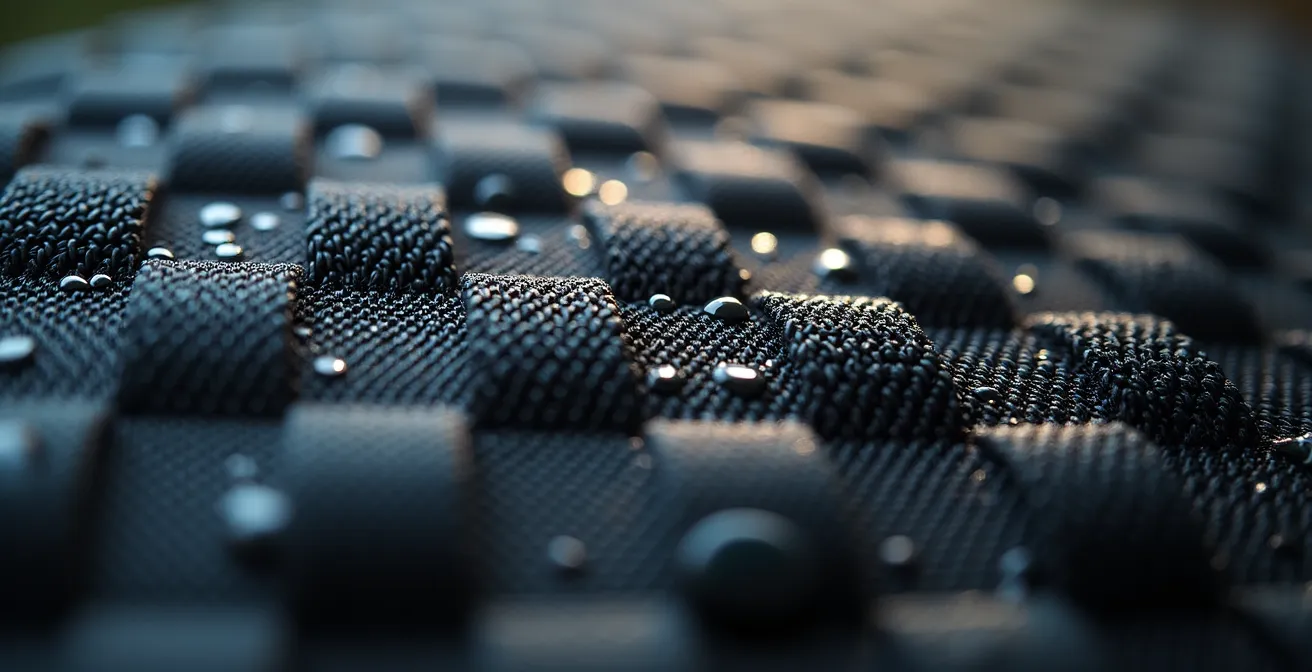 Extreme close-up of lightweight technical fabric texture and construction