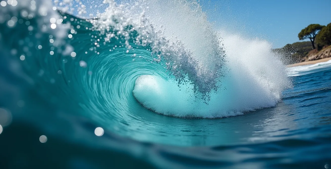 An extreme close-up of underwater wave dynamics showing water movement patterns.