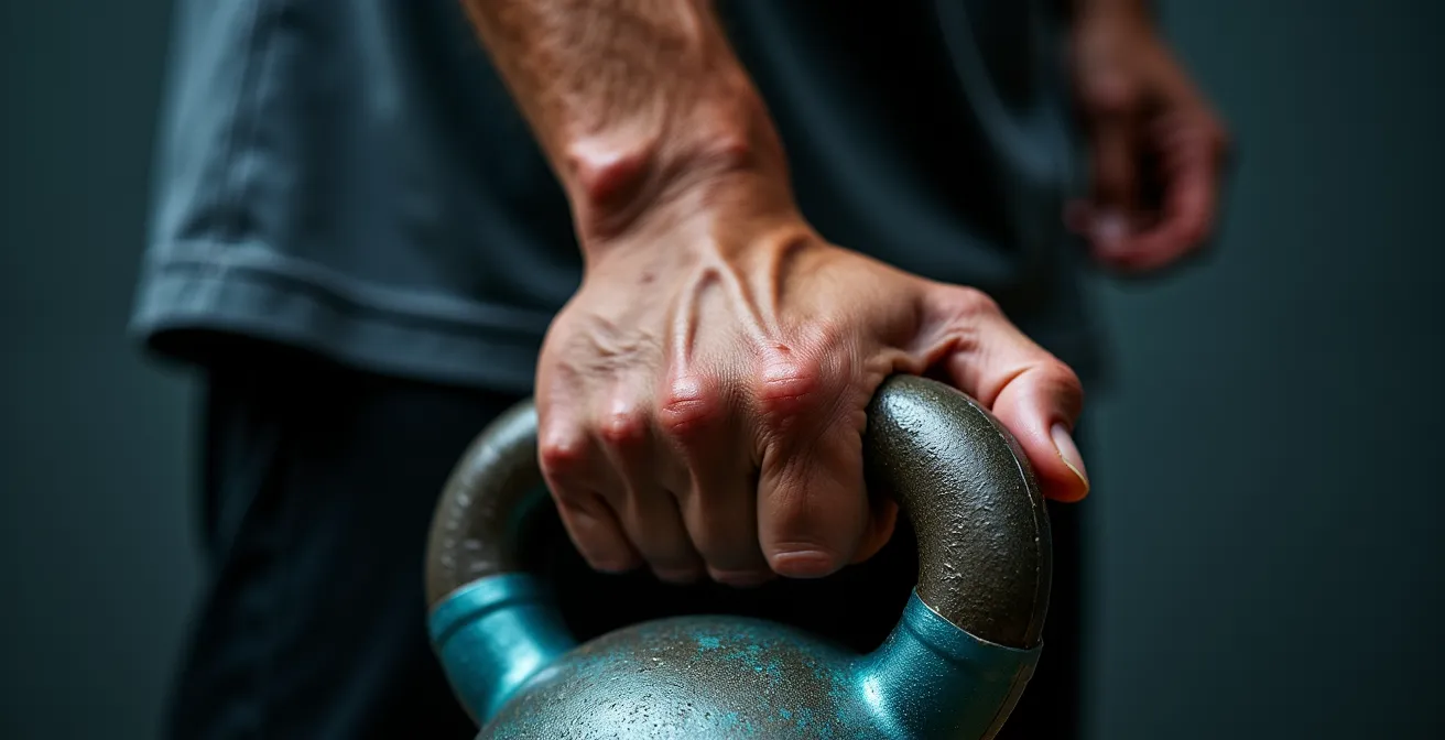 Tennis player performing bottom-up kettlebell press with non-dominant arm for stability training