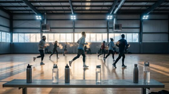 Athletes training in an indoor facility during winter with visible breath vapor and dry environment indicators