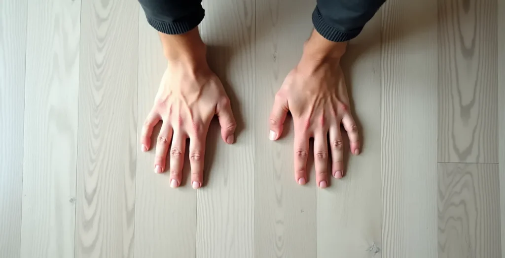 Overhead view of correct hand positioning for handstand with weight distribution visible Overhead view of correct hand positioning for handstand with weight distribution visible